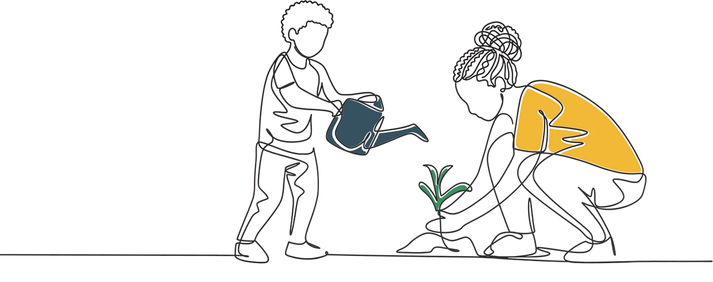 A child watering a plant while a parent kneels to plant it