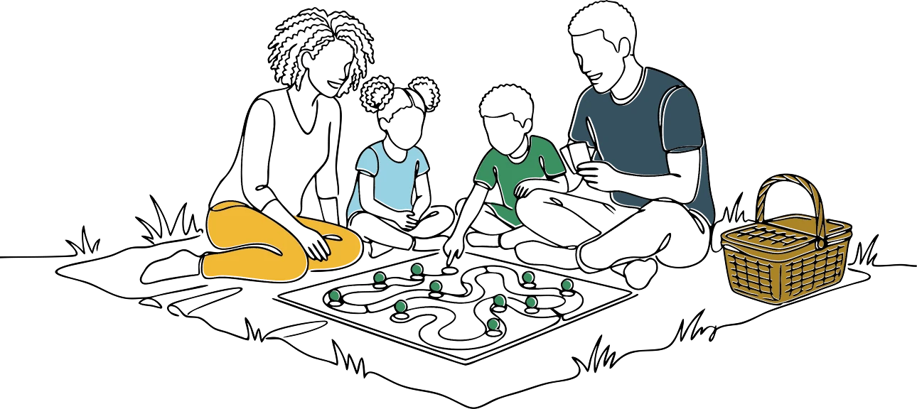 Line illustration of a family playing a board game together on a picnic blanket