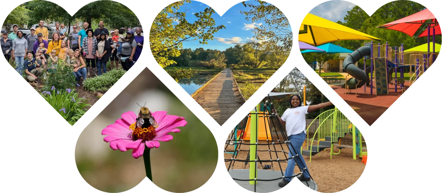 Five heart-shaped photos of volunteers, a boardwalk, a playground, a bee on a flower and a child on play equipment