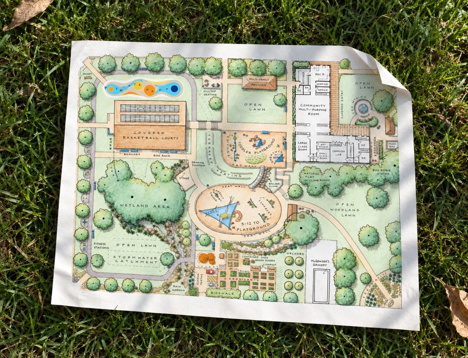 Illustrated site plan of a neighborhood park