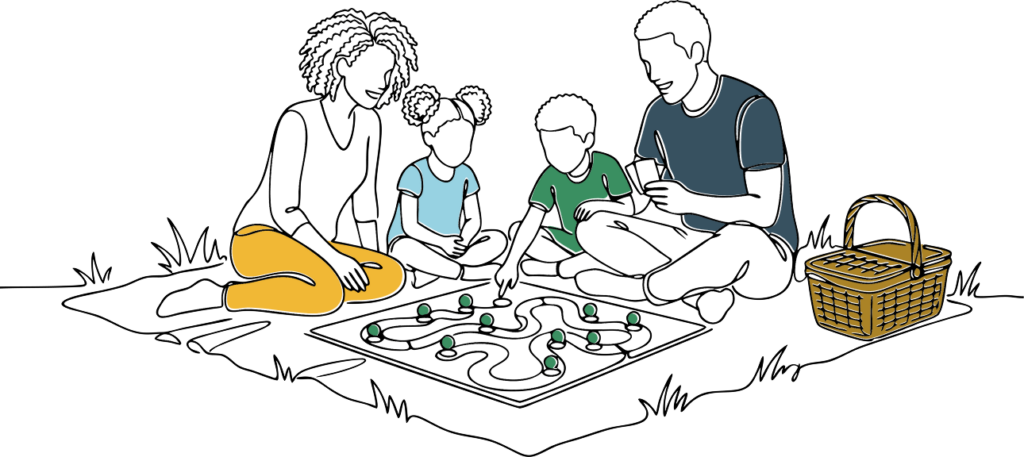 Line illustration of a family playing a board game together on a picnic blanket